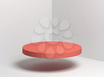 Red cylindrical podium object flying in empty white corner, 3d render illustration