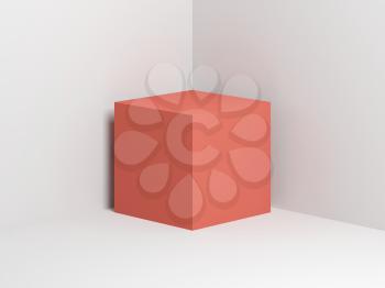 Pink cube stands in empty white corner, 3d render illustration