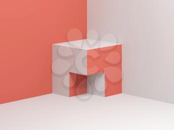 Abstract red white cubical object stands in empty corner, 3d render illustration