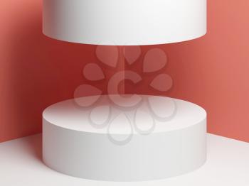 White cylindrical podium object over pink walls background, 3d render illustration