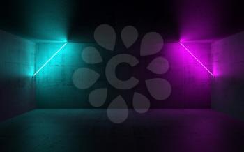 Abstract dark concrete interior background with colorful neon lights, 3d render illustration