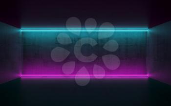 Abstract dark concrete interior background with colorful horizontal neon lights, 3d render illustration