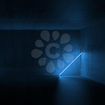 Abstract empty dark concrete interior with blue neon light in the corner, 3d render illustration