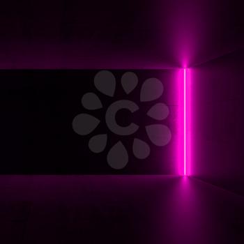 Abstract empty dark concrete interior with vertical purple neon light, 3d render illustration
