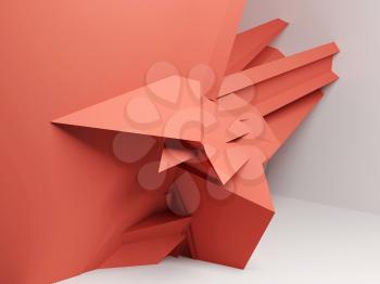 Abstract chaotic red polygonal structure over white background, 3d render illustration