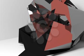 Abstract red black chaotic polygonal structure over white background, 3d render illustration