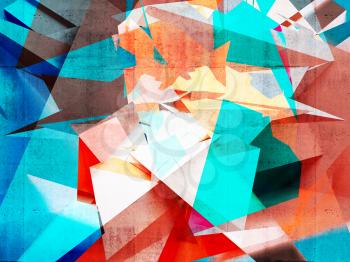 Abstract colorful chaotic polygonal pattern over concrete wall background texture, 3d render illustration