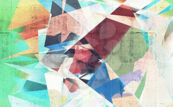 Abstract colorful digital chaotic polygonal structure over concrete wall background texture, 3d render illustration