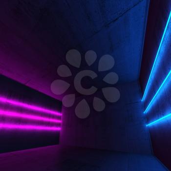 Abstract dark interior background with colorful neon lights mounted on walls of empty concrete room, square 3d illustration