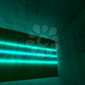 Abstract empty dark concrete interior with three green neon light lines, square 3d render illustration