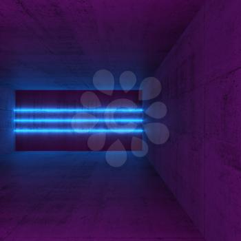 Abstract empty dark concrete interior with three blue neon light lines, square 3d render illustration