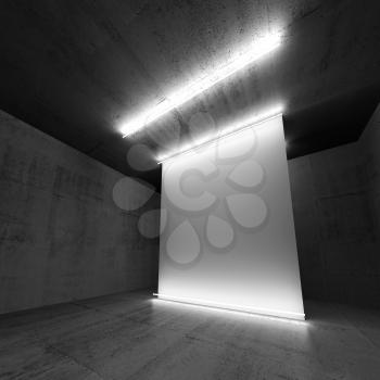 Abstract concrete interior background with empty white vertical banner and neon lights. Square 3d render illustration