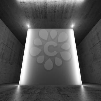 Abstract concrete interior background with empty white vertical banner and neon lights. Square 3d render