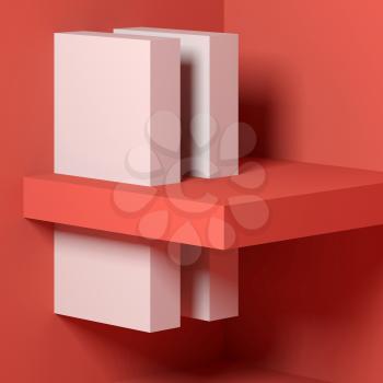 Abstract square digital background with red white minimal installation on the wall. 3d render illustration