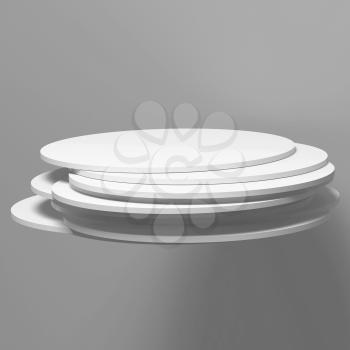 Minimalism, installation of random shifted gray discs, abstract white square digital background. 3d render illustration