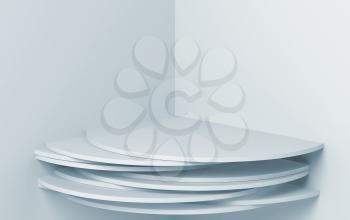 White round shelf installation in empty corner, 3d render illustration