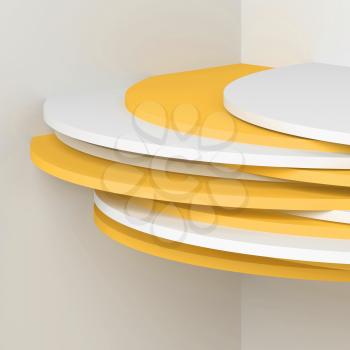 Yellow cylindrical shelf installation in empty white corner, 3d render illustration