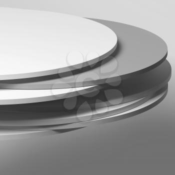 Installation of random shifted gray discs, abstract white square digital background. 3d render illustration
