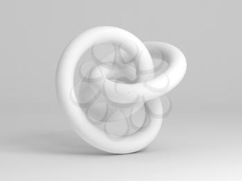 Geometrical representation of a torus knot shape. Abstract white installation on white background. 3d rendering illustration