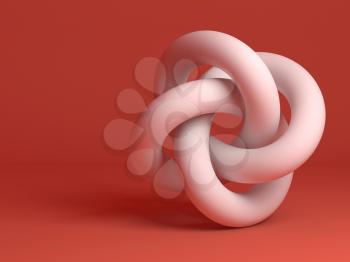 Geometrical representation of torus knot. Abstract white object on red background with soft shadow. 3d rendering illustration