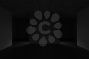 Dark symmetrical empty office interior background, 3d rendering illustration