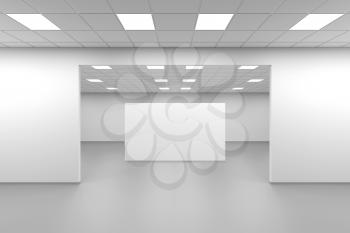 Wide symmetrical open space room, an empty office with blank banner, interior background, 3d rendering illustration
