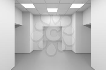 White empty corridor, symmetrical modern office interior background, 3d rendering illustration