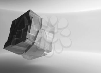 Abstract black flying cube crystal object with chaotic fragmentation is in an empty white interior, 3d rendering illustration