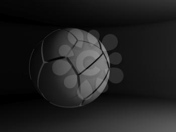 Abstract spherical object with chaotic fragmentation is flying in a black empty interior, 3d rendering illustration