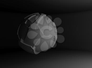 Abstract flying spherical object with chaotic fragmentation is in black empty interior, 3d rendering illustration