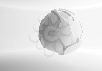 Abstract flying spherical object with chaotic fragmentation is in an empty white interior, 3d rendering illustration