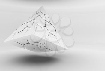 Abstract flying pyramid object with chaotic fragmentation cracks is in an empty white interior, 3d rendering illustration