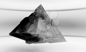 Abstract black flying pyramid, crystal  object with chaotic fragmentation is in an empty white interior, 3d rendering illustration
