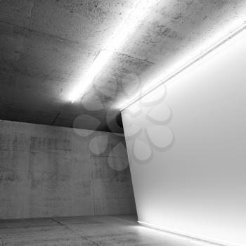 Abstract interior background, empty white banner illuminated with neon light lines in dark concrete room. Square 3d render illustration