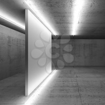 Abstract interior background, concrete walls and empty white banner illuminated with neon lines. Square 3d render illustration