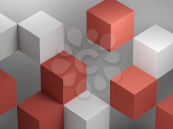 Abstract digital graphic background with white and red cubes installation. 3d rendering illustration