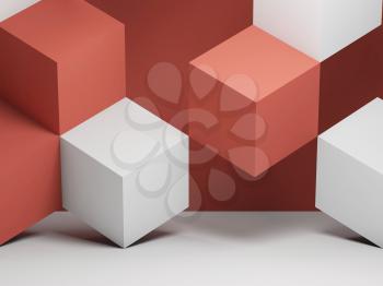 Abstract graphical background with white and red cubes installation. 3d rendering illustration