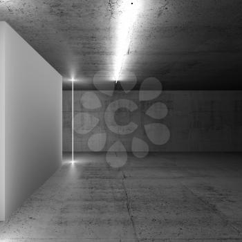 Abstract concrete interior background with empty white banner and neon light lines. Square 3d render illustration