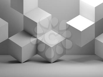 Abstract background with white cubes installation in empty interior. 3d rendering illustration