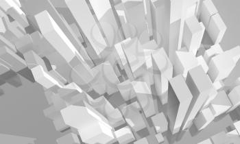 Abstract white city, aerial view. Digital model with geometric skyscrapers, 3d rendering illustration