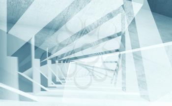 Abstract digital interior background with double exposure effect and concrete texture. Blue toned 3d render illustration