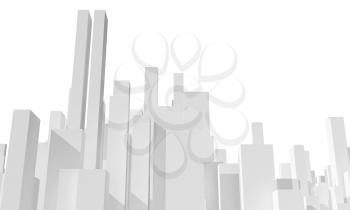 Abstract white city skyline isolated on white background. Digital model with primitive skyscrapers, 3d rendering illustration