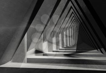 Abstract dark triangular tunnel perspective, digital background with double exposure effect and concrete texture layer. 3d render illustration