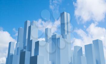 Abstract city skyline under blue cloudy sky at day. Digital model with geometric skyscrapers, 3d rendering illustration