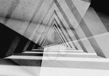 Abstract gray triangular tunnel perspective, digital background with double exposure effect and concrete texture layer. 3d render illustration