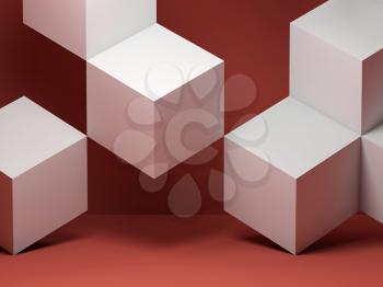 Abstract background with white cubes installation in empty red room interior. 3d rendering illustration