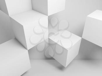 Abstract digital background with white cubes installation in empty room. 3d rendering illustration