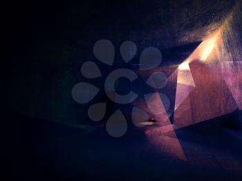 Dark abstract concrete background, with glowing holes in intersected walls and corners, illustration with double exposure effect, 3d render illustration