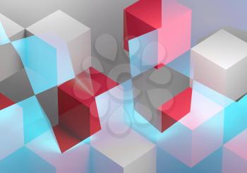 Abstract digital graphic background, intersected white, blue and red cubes structures. 3d rendering illustration