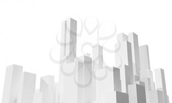 Abstract city skyline isolated on white background. Digital model with white primitive skyscrapers, 3d rendering illustration